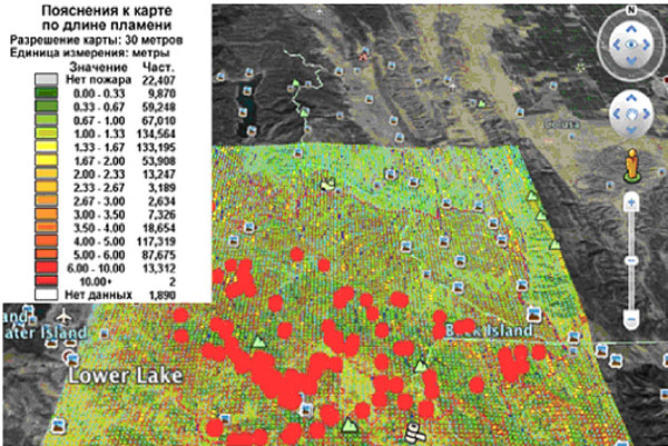 Визуализация, отображающая наиболее интенсивные пожары