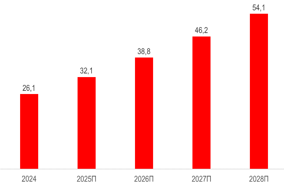 Прогноз развития рынка MSSP в России по выручке, 2024–2028 гг., млрд руб.